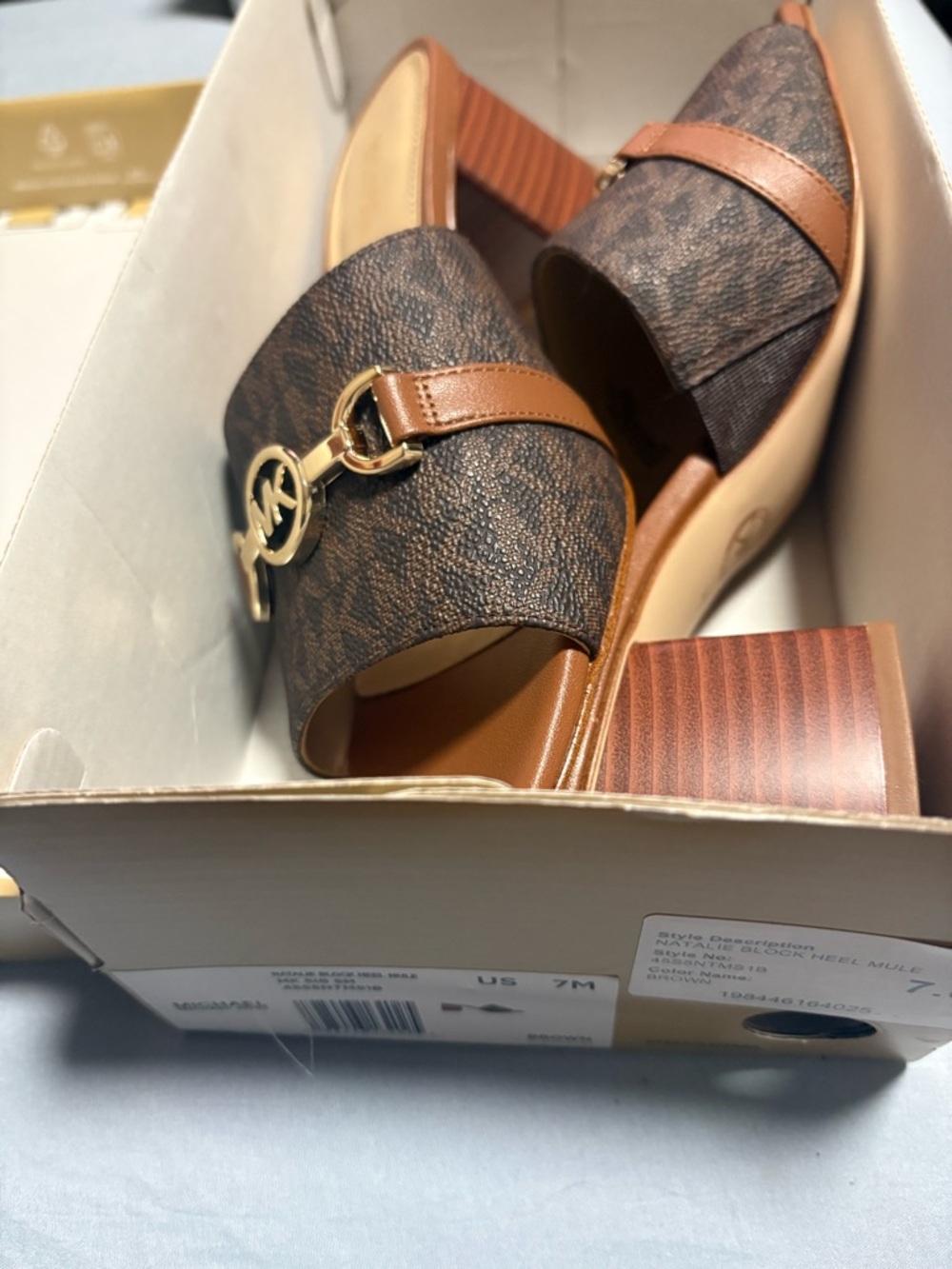 Michael Kors-  Brown Logo Mule Slides with Gold-Tone MK Hardware - Picture 4 of 11